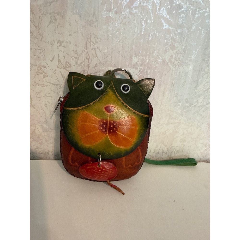 Handmade Leather Cat Coin Purse Wristlet Keychain Brown Green Whimsical Mouse
